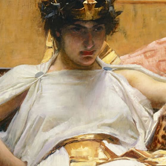A painting by John William Waterhouse made in 1888 depicting Cleopatra seated in a white draped gown, wearing a gold headdress and staring intensely forward. Gold furnishings and leopard-patterned fabric surround her.