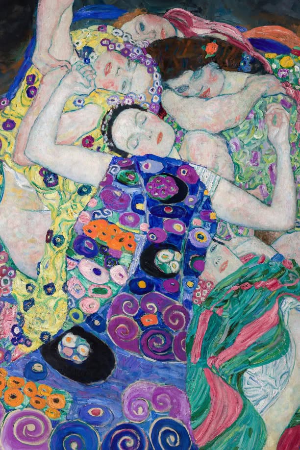 A painting by Gustav Klimt made in 1913 depicting several women intertwined in sleep, their pale figures surrounded by richly patterned garments in blue, green, yellow, and pink.