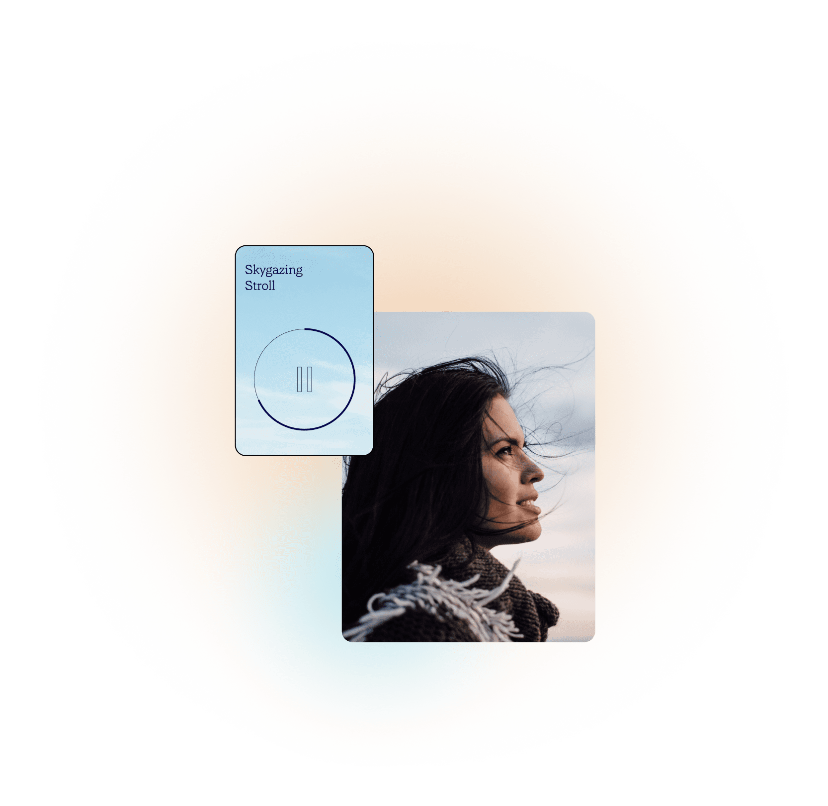 A glowing circular gradient on a black background frames a profile photo of a woman with dark hair blowing in the wind. A translucent blue audio player labeled “Skygazing Stroll” with a pause icon overlaps the photo.