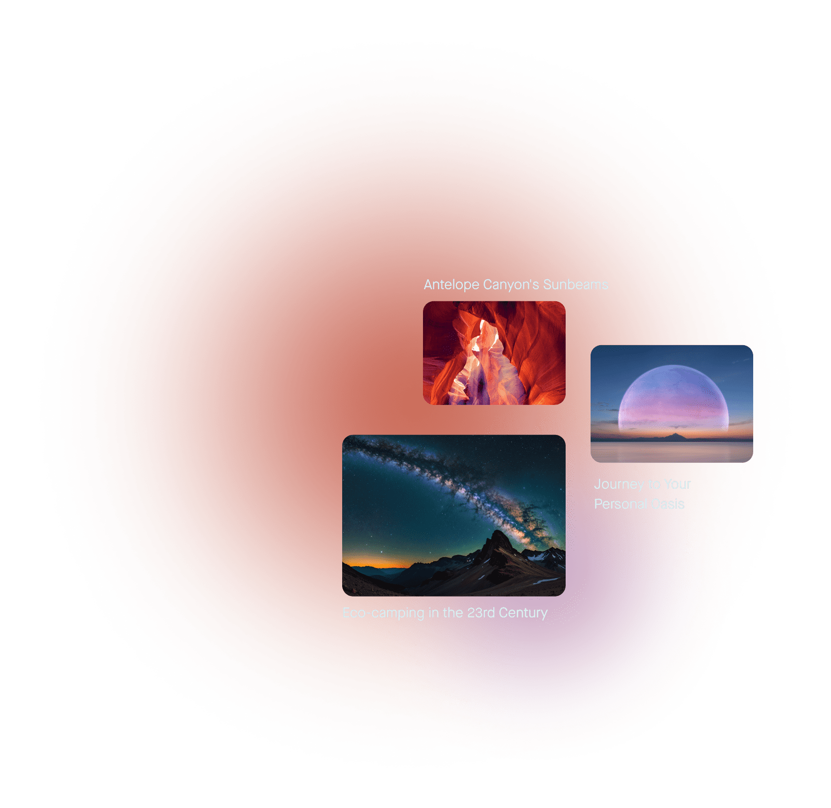 A glowing circular gradient on a black background frames a profile photo of a woman with dark hair blowing in the wind. A translucent blue audio player labeled “Skygazing Stroll” with a pause icon overlaps the photo.