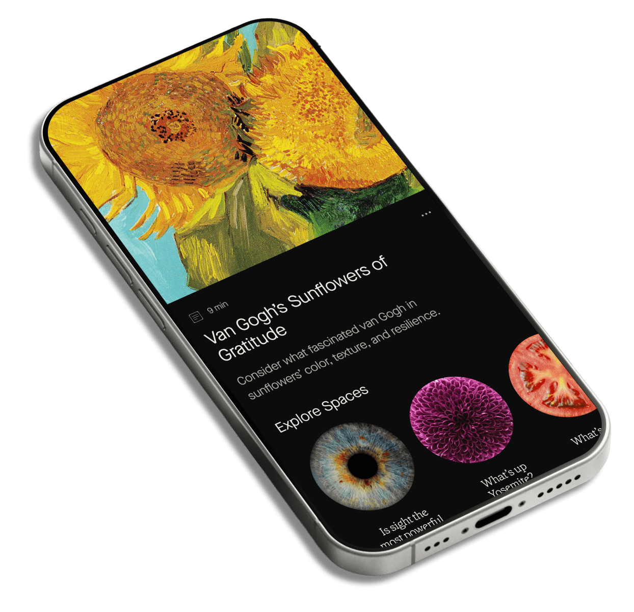 An angled smartphone displays Vincent van Gogh’s Sunflowers above a page titled “Van Gogh’s Sunflowers of Gratitude.” The black interface also shows circular images of an eye, a purple flower, and a tomato under “Explore Spaces.”
