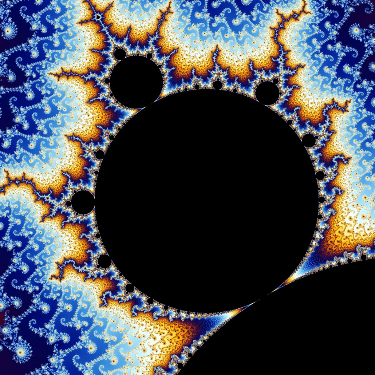 A colorful Mandelbrot fractal with large black circular forms surrounded by intricate branching patterns in blue, white, gold, and orange.