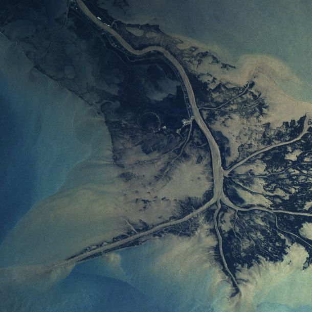 An aerial view of a river delta shows branching waterways spreading through dark wetlands into surrounding blue-green water.