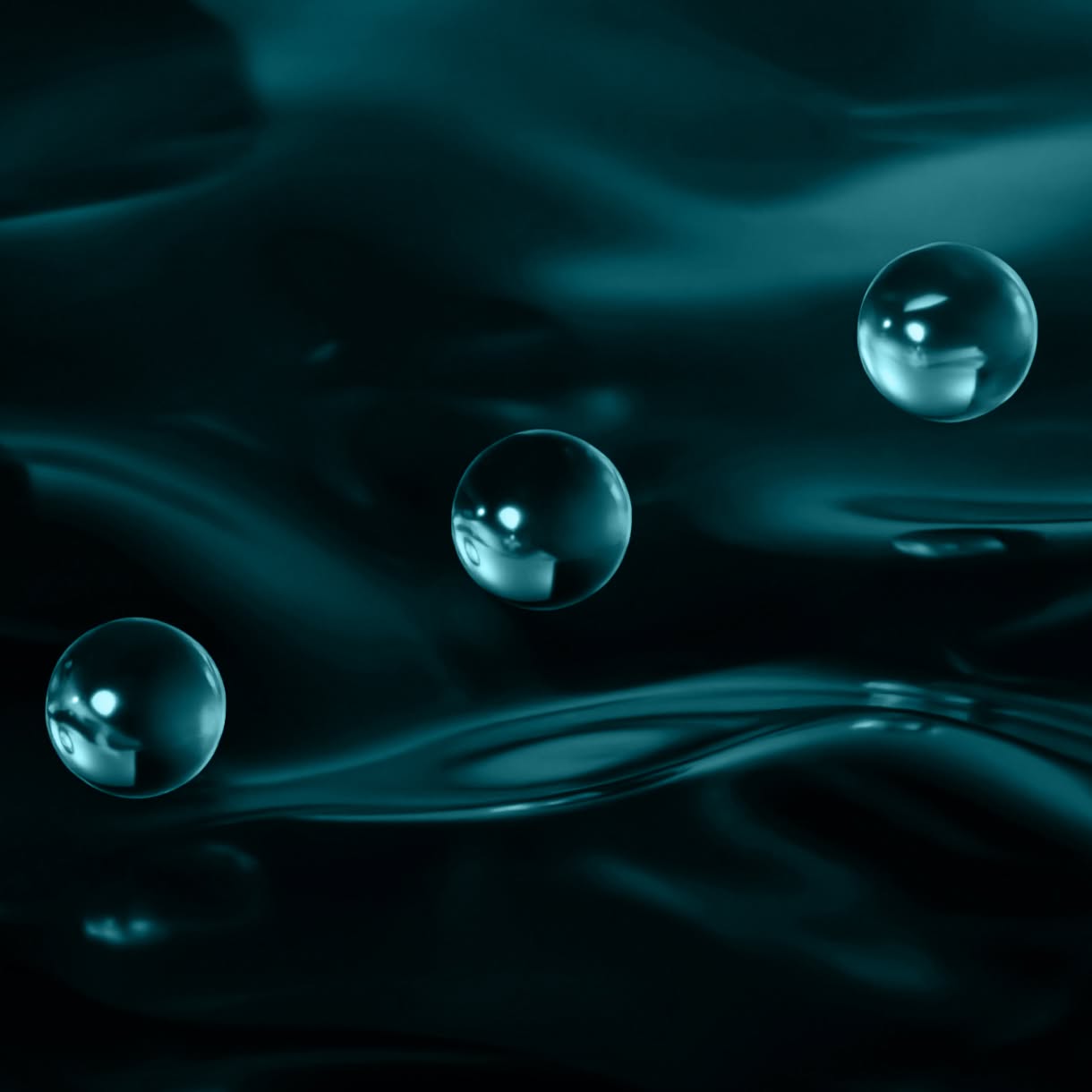 Three glasslike spheres hover above a dark teal, rippling liquid surface, reflecting soft highlights.