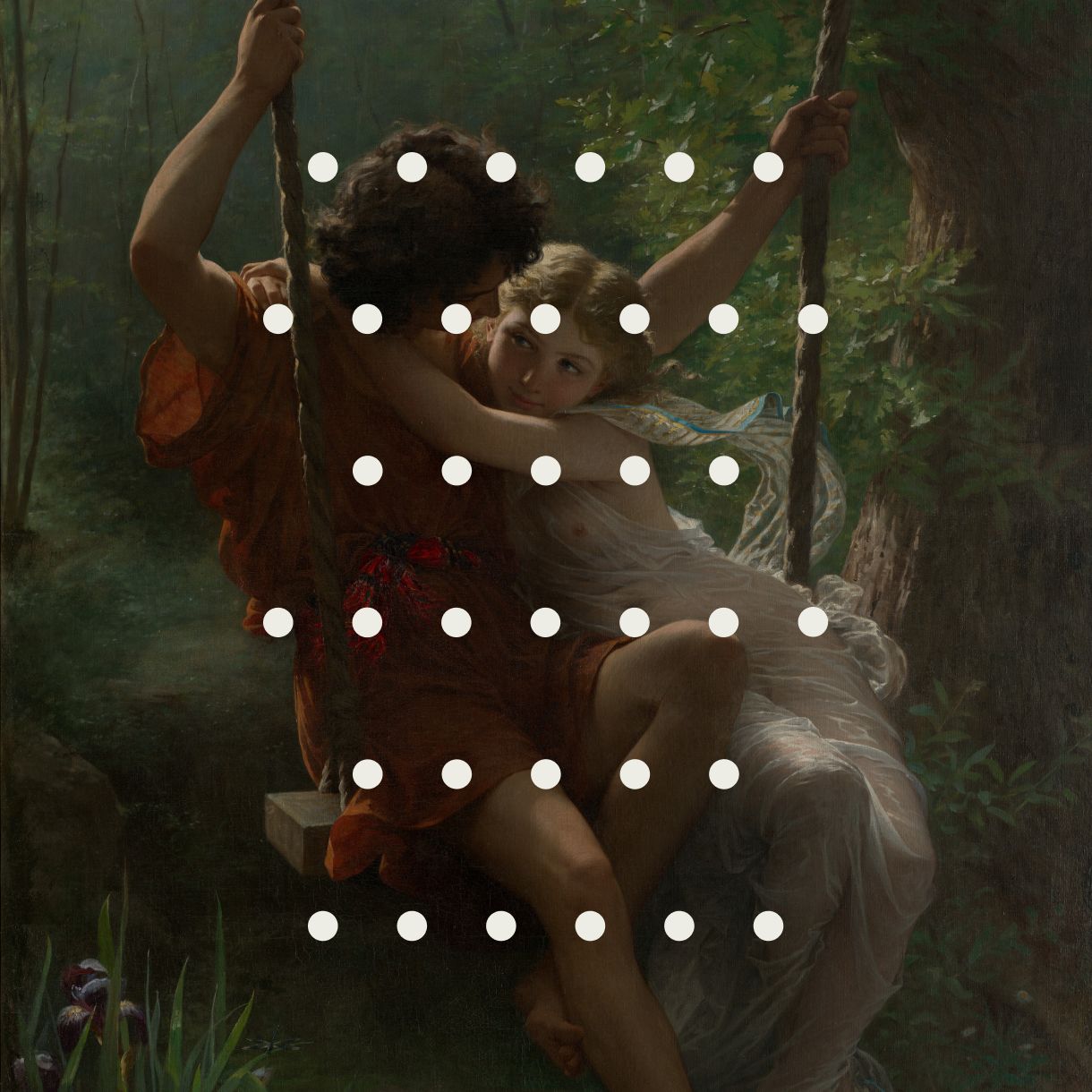 A painting by Pierre-Auguste Cot made in 1873 depicting a young couple embracing on a swing in a wooded setting, with rows of white dots superimposed across the image.