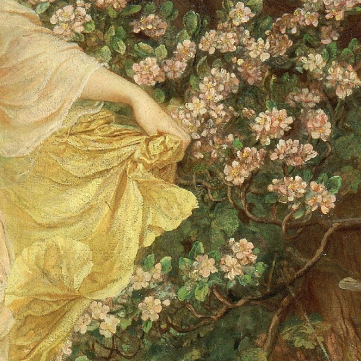 A detail from a painting shows a figure in a flowing golden-yellow dress beside branches covered in small pale pink blossoms.