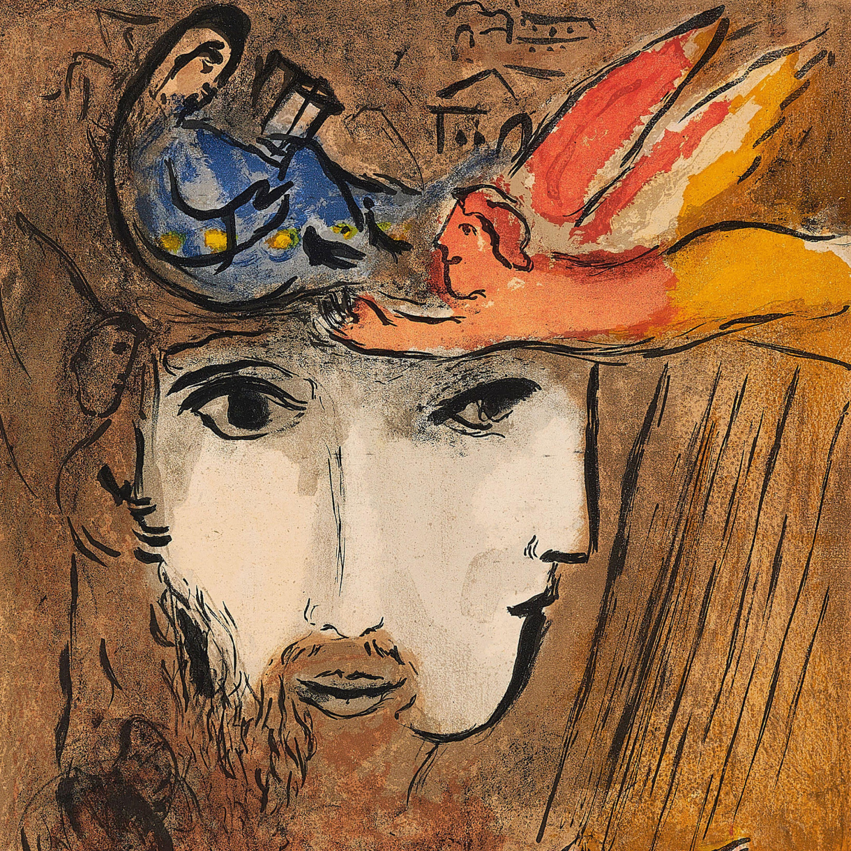 A stylized painting of a man’s face in warm browns and creams, with small dreamlike figures and a winged form arranged above his forehead.