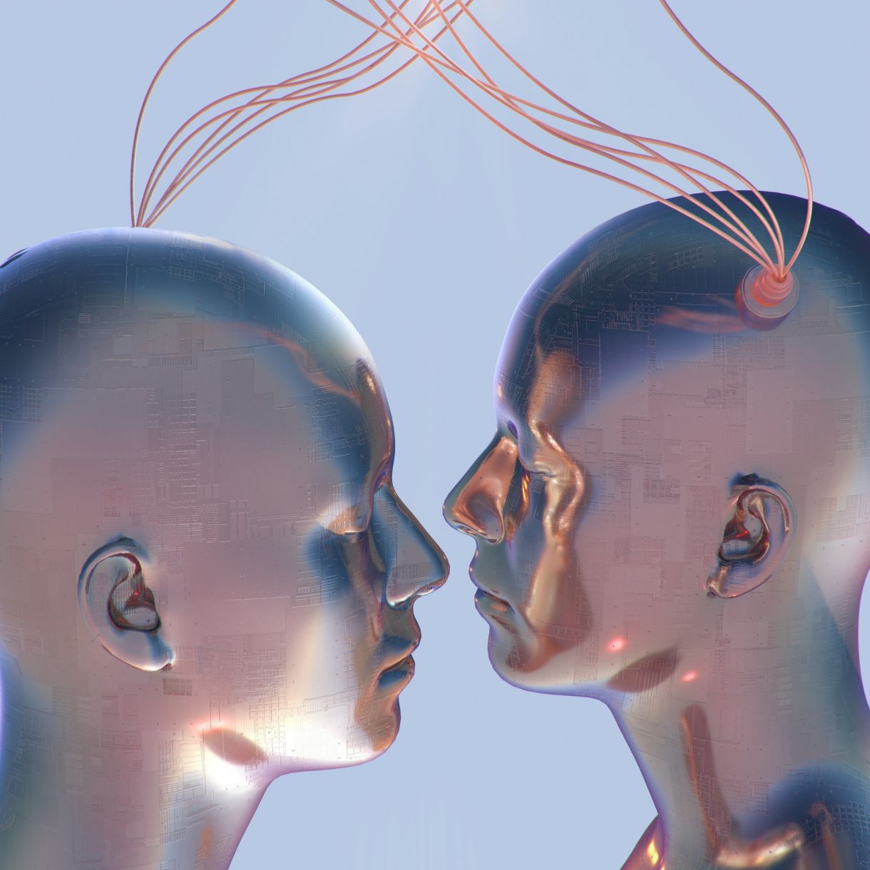 Two reflective metallic humanoid heads face each other closely, connected by looping orange fiber-like strands extending from their heads.