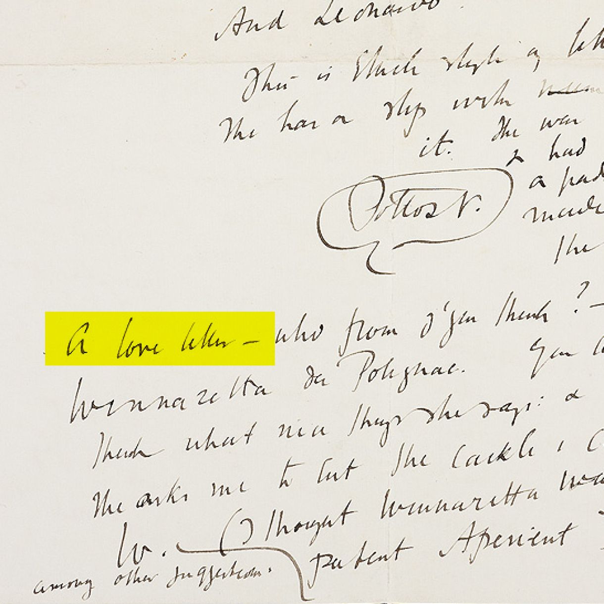 Close-up of handwritten cursive notes on cream paper, with the phrase “A love letter —” highlighted in bright yellow.