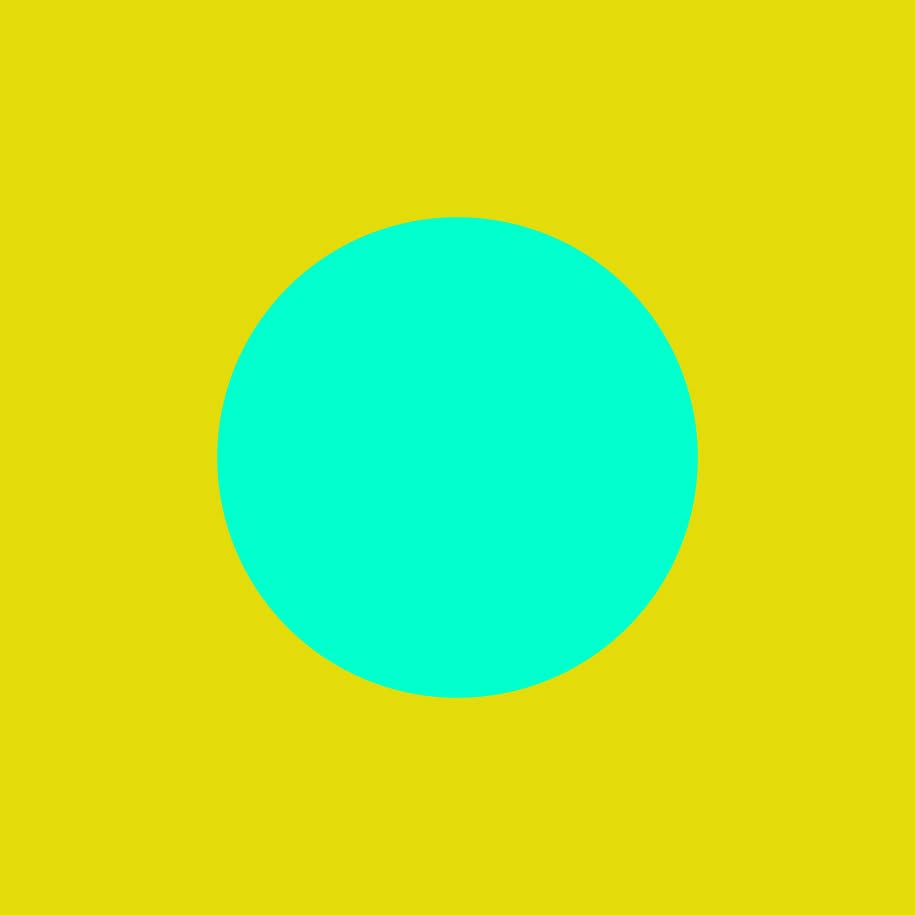 A large turquoise circle is centered on a bright yellow background.