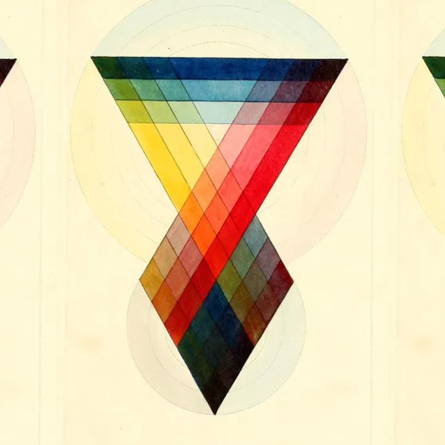 A geometric color study shows overlapping translucent bands of blue, green, yellow, orange, red, and purple forming an hourglass-like shape on a pale background.