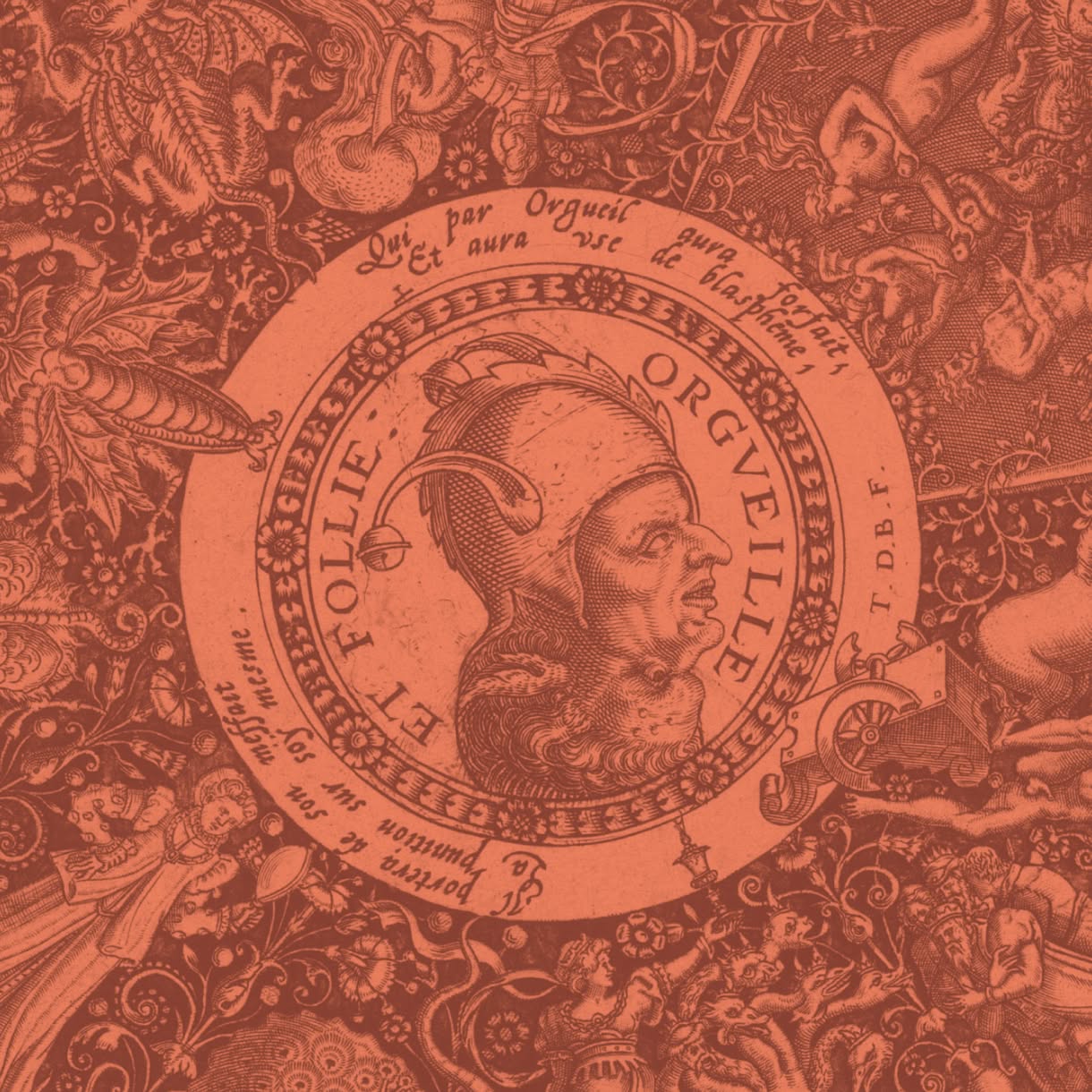 An orange-toned historical engraving centers on a helmeted male figure surrounded by dense decorative scenes and handwritten-style text.