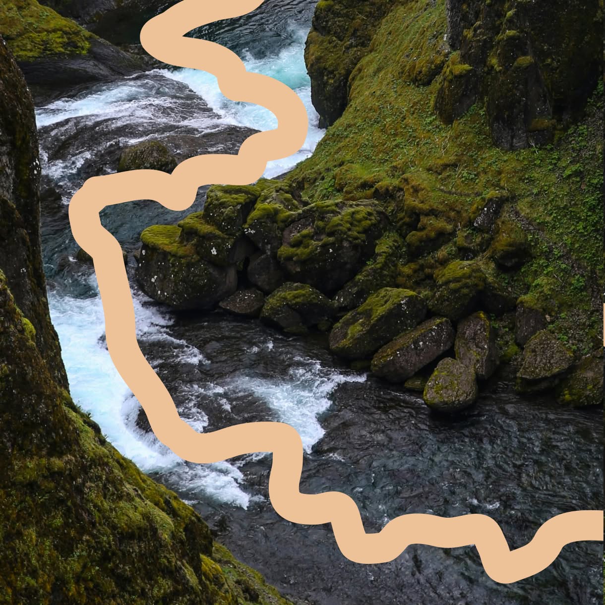 A rushing river winds between moss-covered rocks, with a thick peach-colored squiggle overlaid along its path.