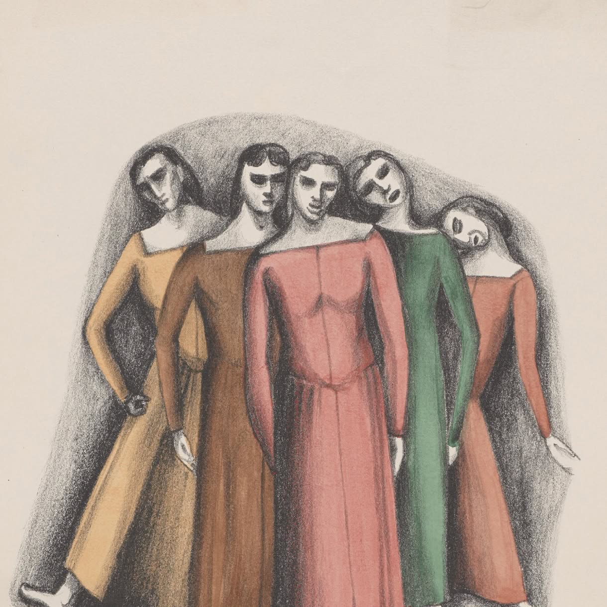 A stylized drawing of five elongated figures standing closely together in long yellow, brown, pink, green, and red-orange garments, their heads tilted at varying angles.