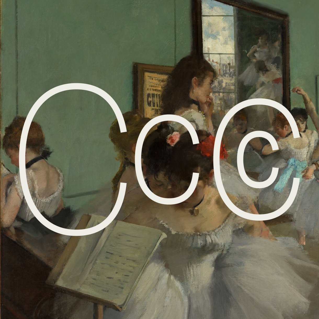 A painting of women in a dance studio is overlaid with three large white outlined C-shaped forms. A central dancer in a pale dress stands near a music stand while other figures appear around her.