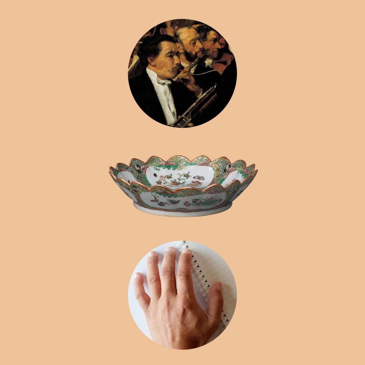 A peach-colored collage stacks three images vertically: a circular detail of musicians, an ornate porcelain dish, and a circular photograph of a hand resting on a spiral notebook.