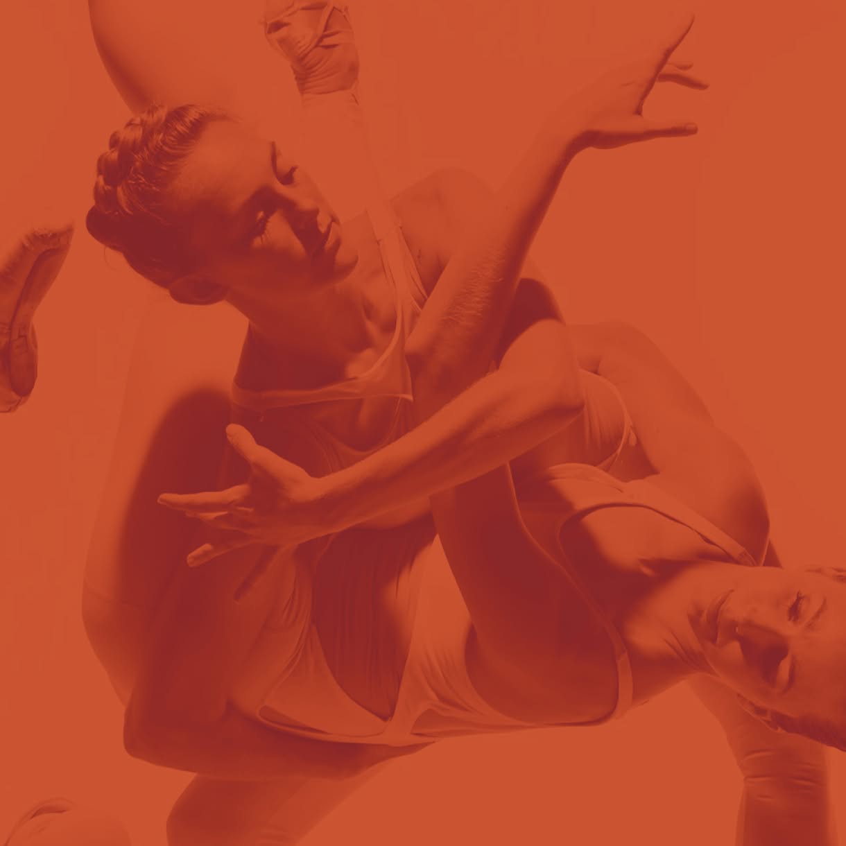 An orange-tinted photograph shows several dancers in fitted clothing intertwined in overlapping poses, their arms and bodies creating a layered composition.