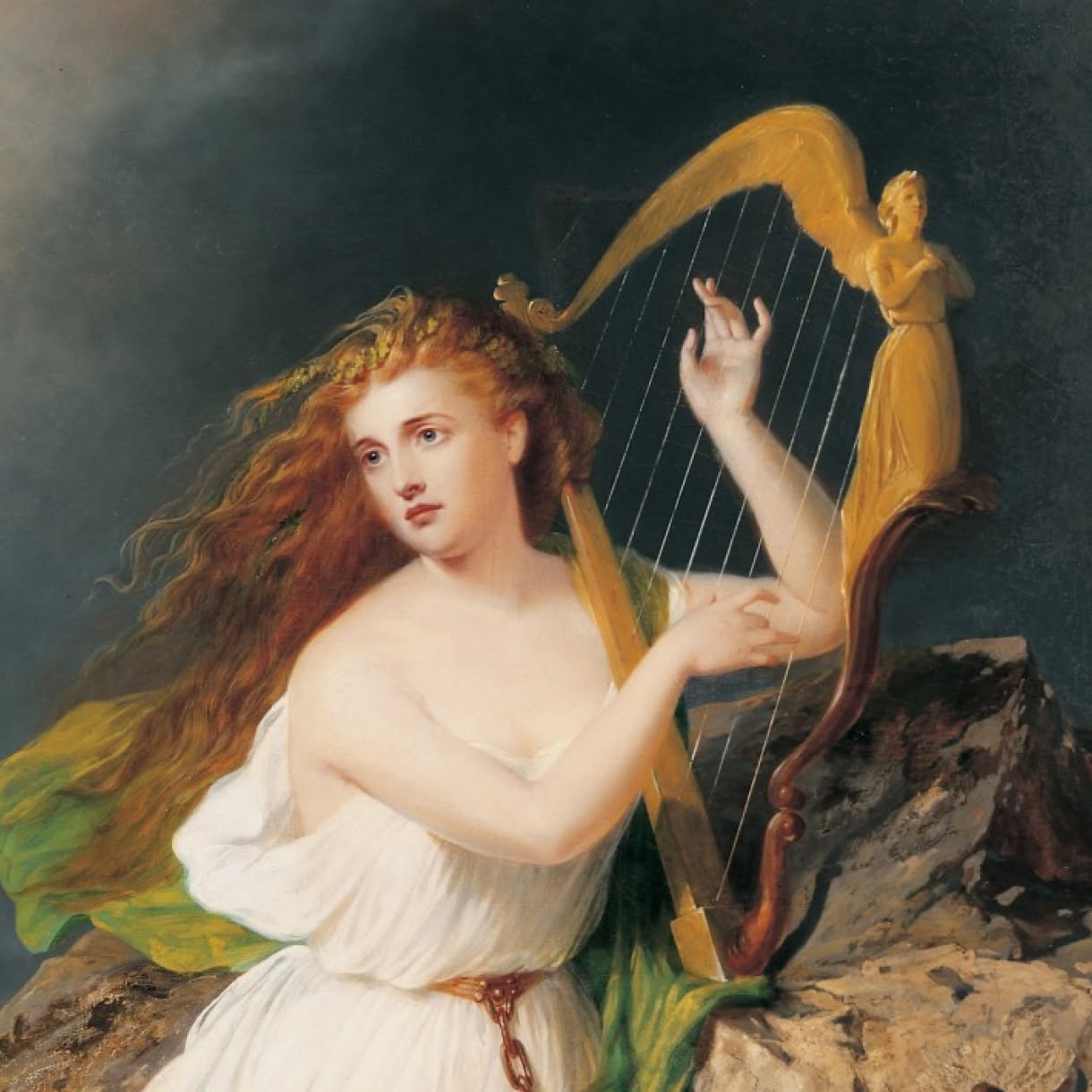 A painting by Thomas Buchanan Read made in 1867 depicting a red-haired woman in a white gown seated among rocks, playing a golden harp against a stormy sky.