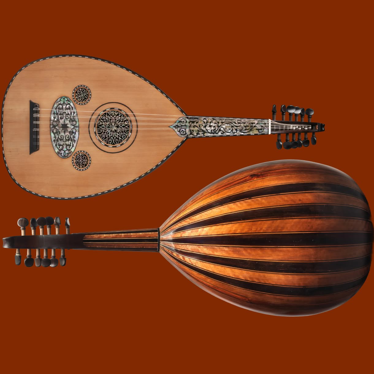 Two close-up views of an ornate oud on a reddish-brown background, showing its decorated soundboard and rosettes above and striped wooden back and pegbox below.