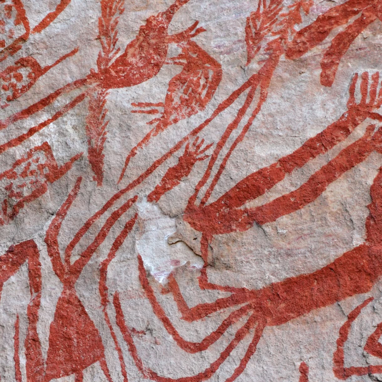 Red ochre rock art on a pale stone surface depicts elongated human-like figures, raised hands, and smaller symbolic shapes.