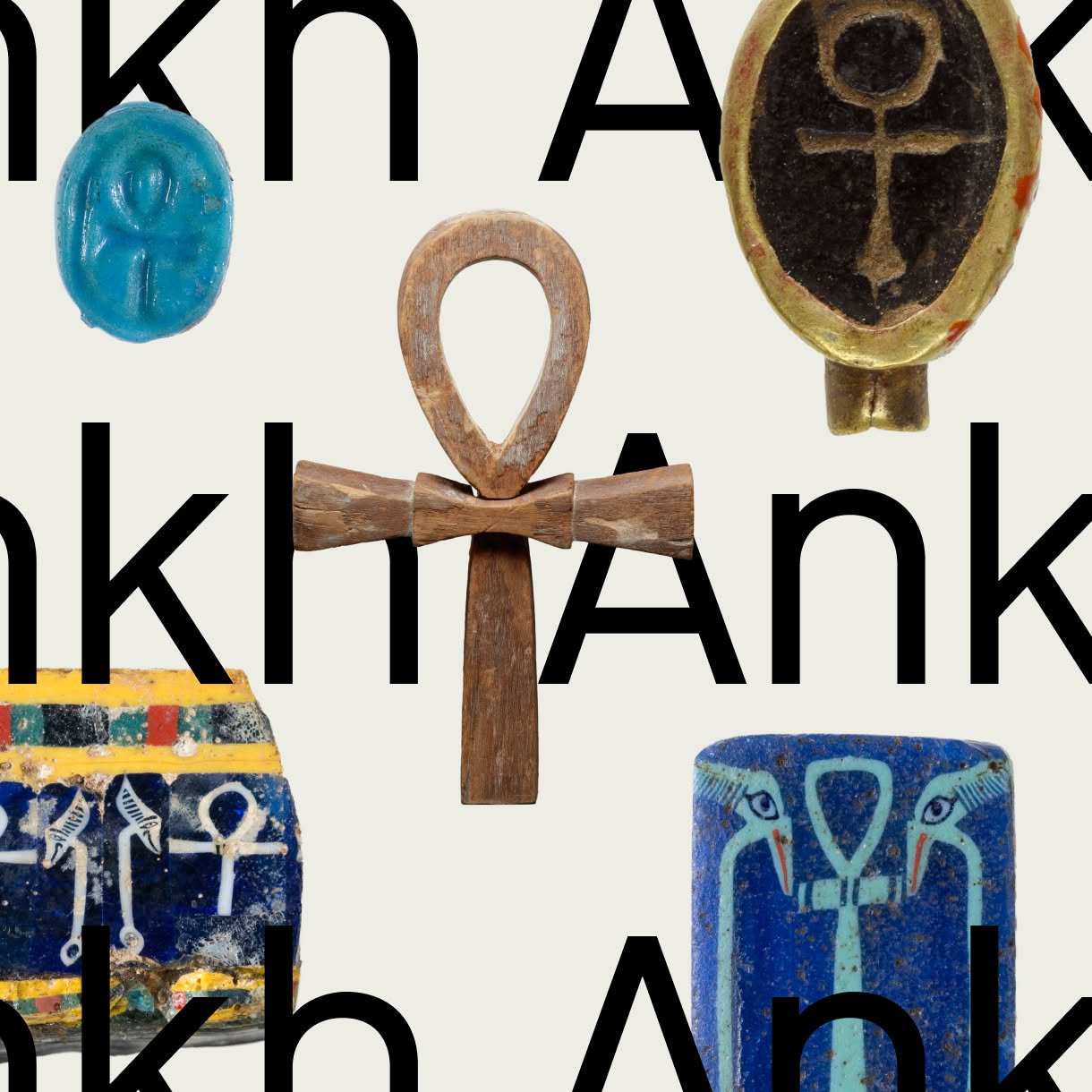 A collage of ancient Egyptian ankh symbols and decorated artifacts is arranged over oversized black text repeating “Ankh.”