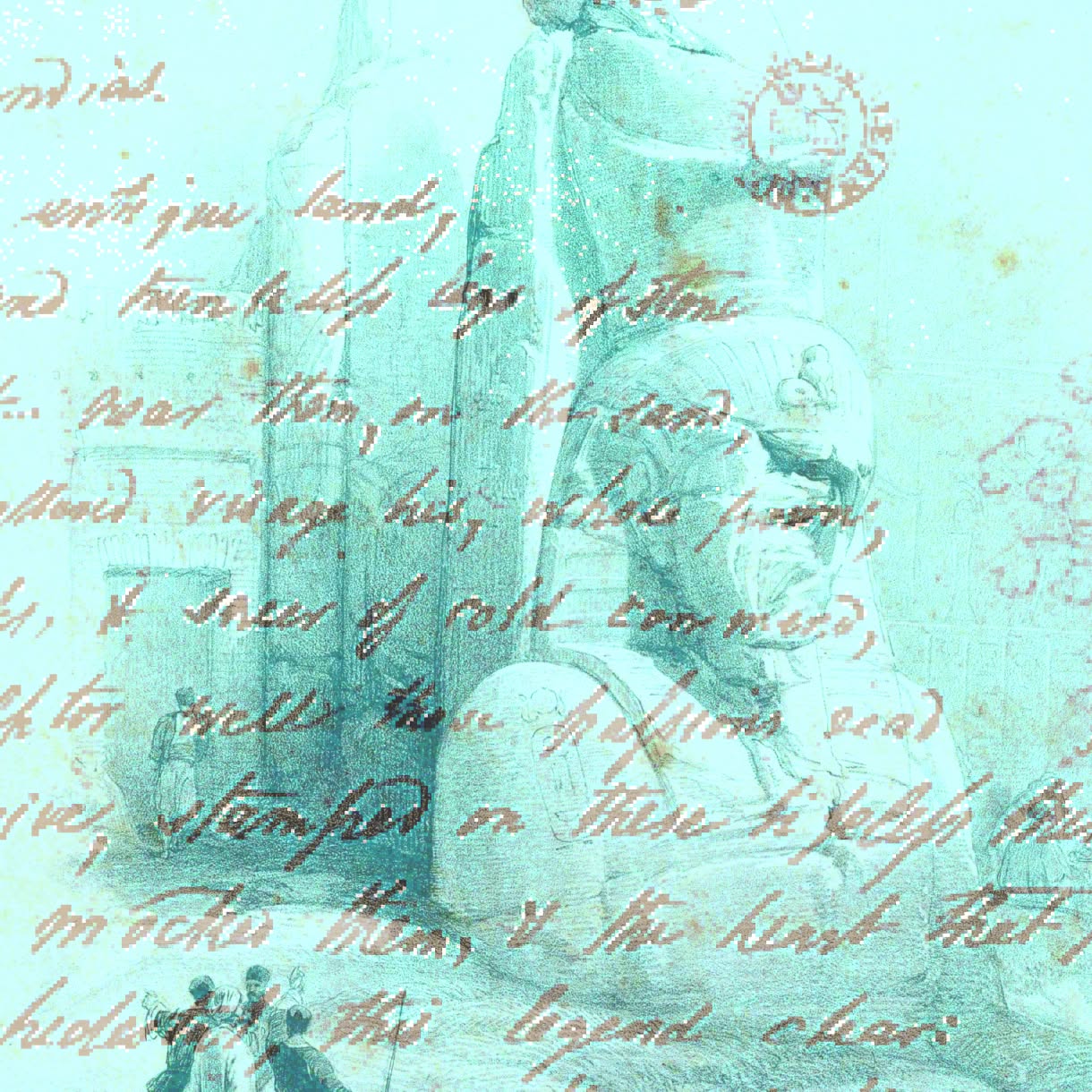 A pale turquoise collage overlays cursive handwriting across a faint historical image of a seated figure and architectural forms.