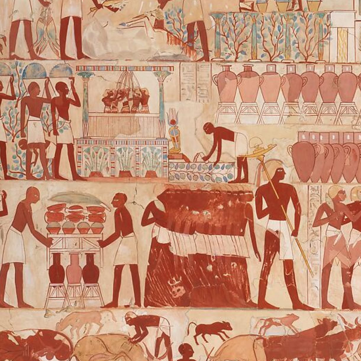 An ancient Egyptian wall painting shows rows of figures working among large jars, vessels, plants, and livestock in red, cream, and blue tones.