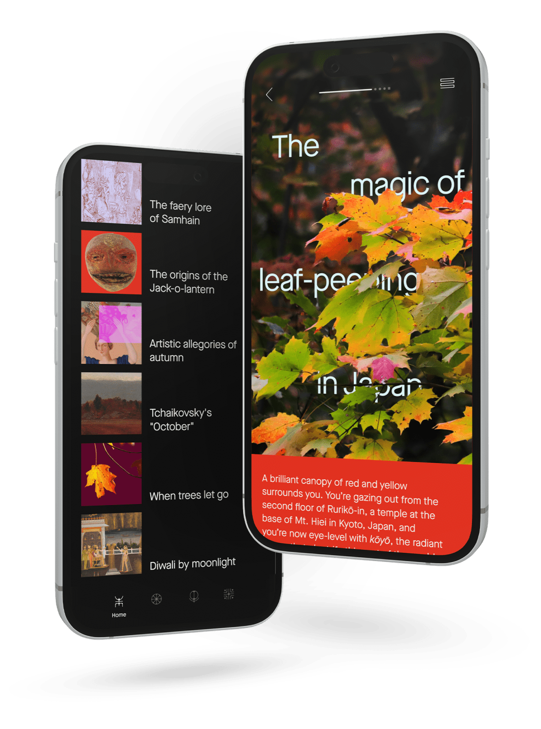Two phone screens with imagery are tiled towards each other.