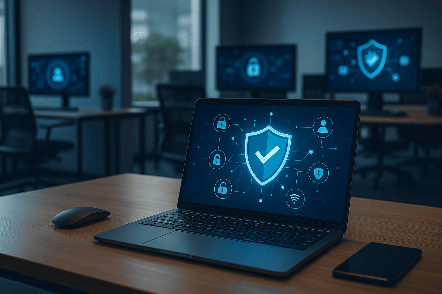 Ein Laptop auf einem Schreibtisch, auf dessen Bildschirm ein digitales Sicherheitssymbol mit einem Häkchen sowie miteinander verbundene Symbole für Schloss, Benutzer und WLAN zu sehen sind, in einer Büroumgebung.