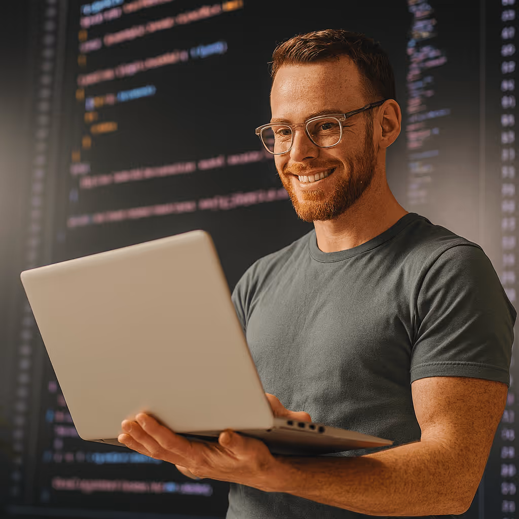 Smiling man with glasses holding a laptop with computer code visible on the blurred background screen.