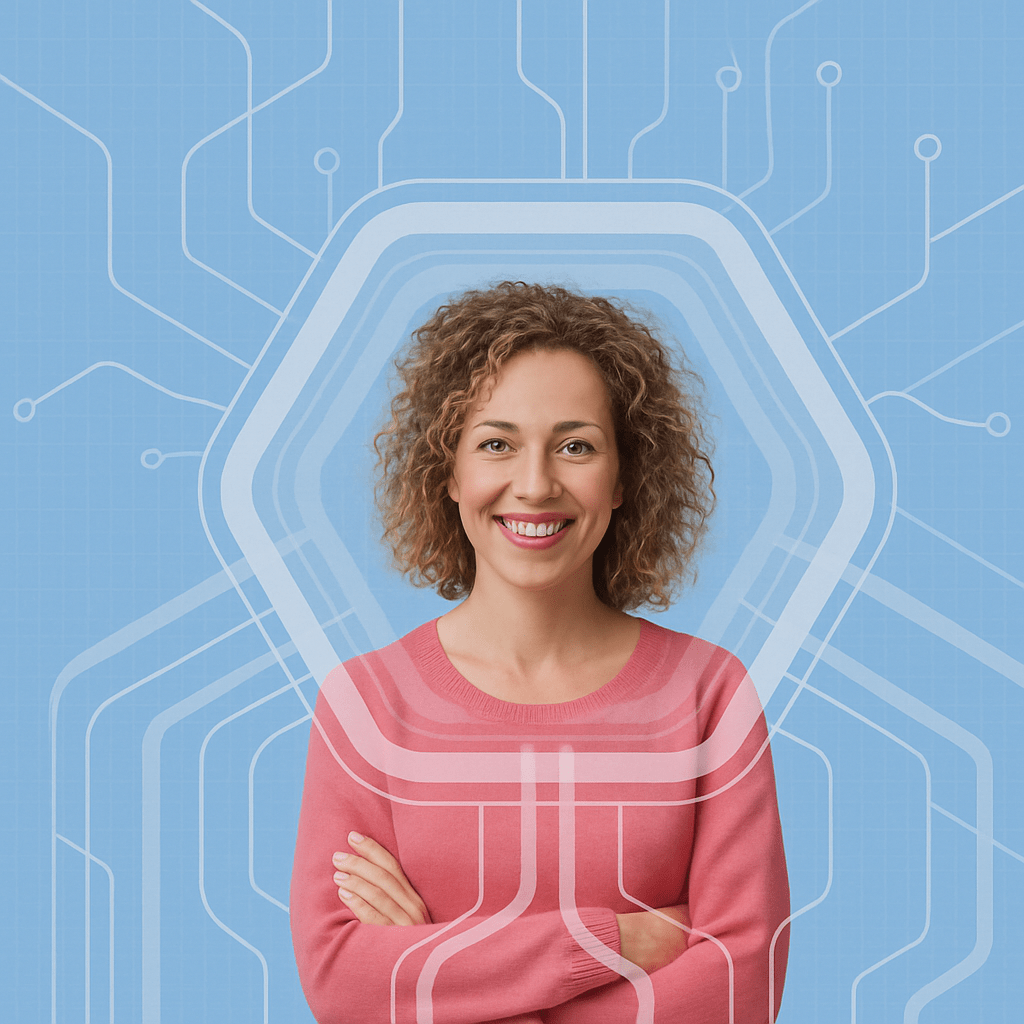 Smiling woman with curly hair and a pink sweater standing with arms crossed against a blue background with circuit-like graphic lines.