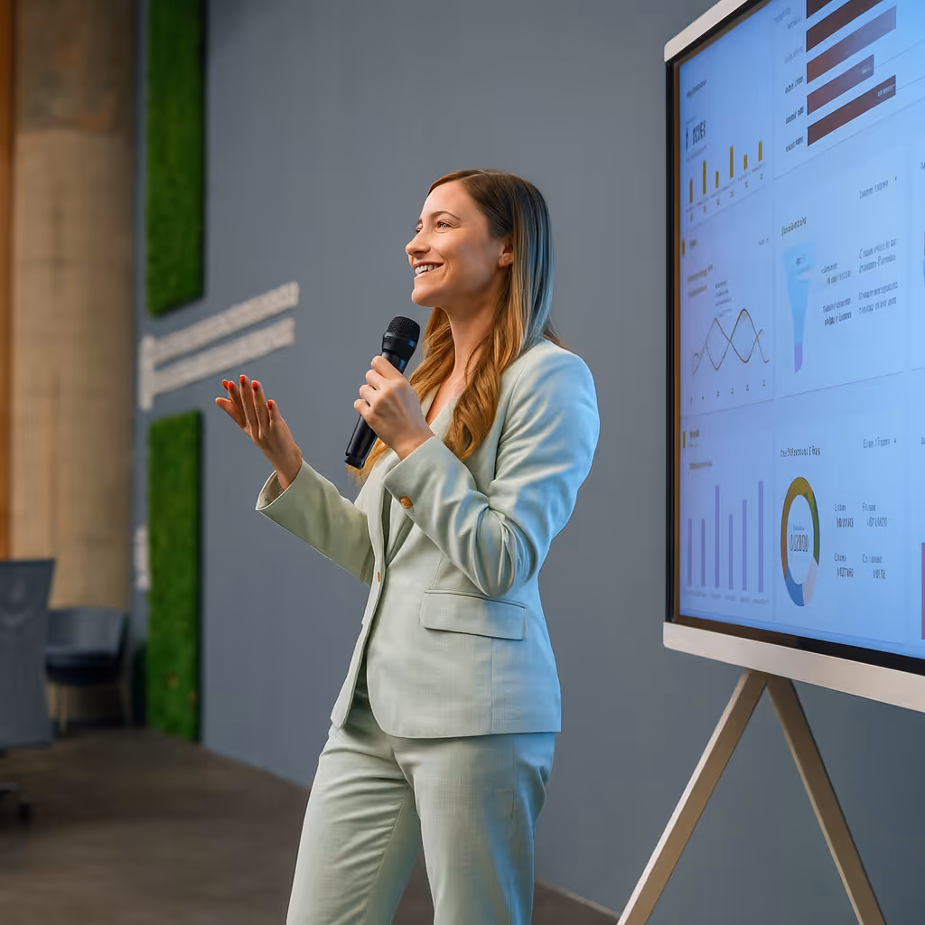 Woman in light green suit holding a microphone and presenting data visualizations on a large screen.