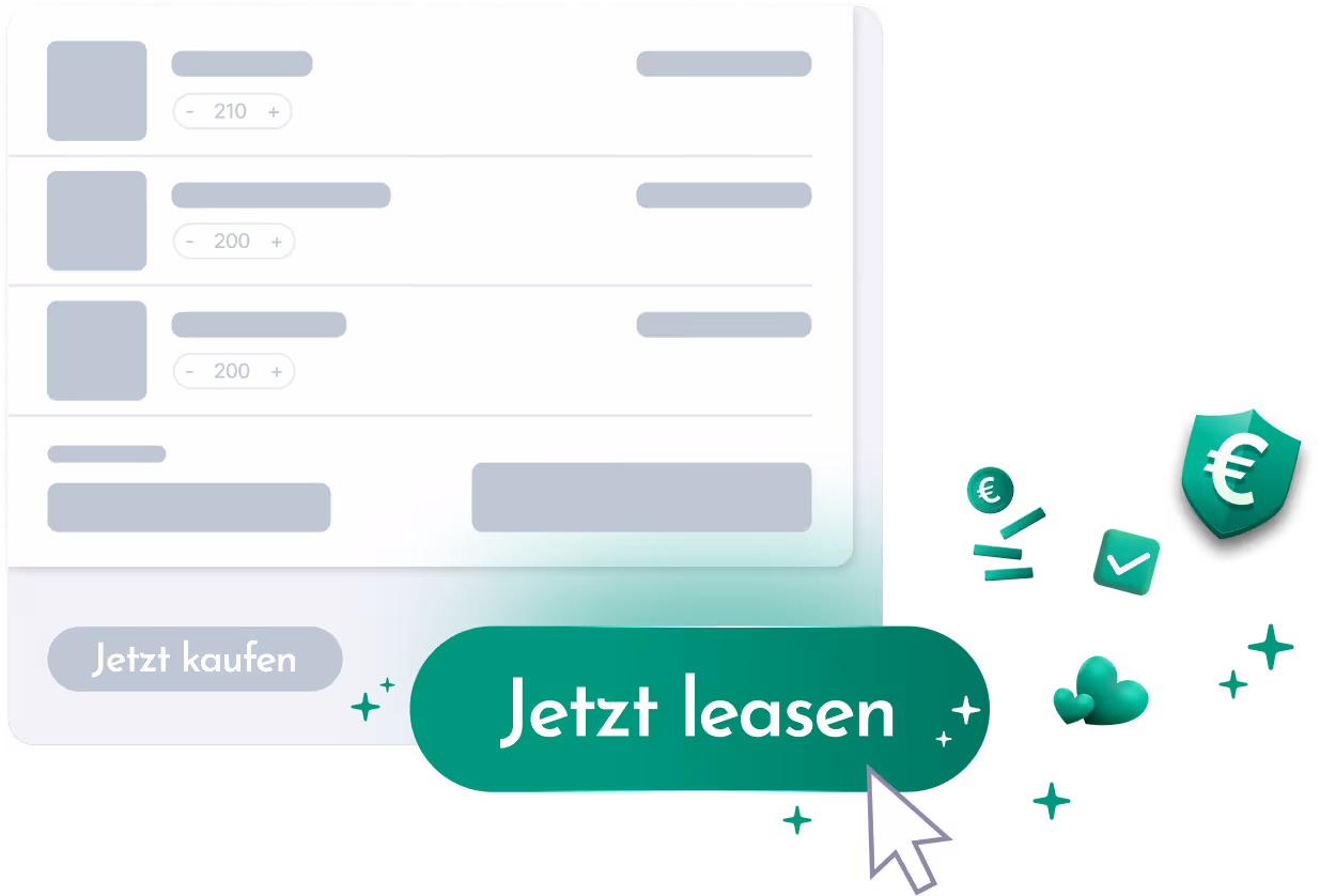 Ein Screenshot einer Kaufübersicht mit einem hervorgehobenen grünen Button mit der Aufschrift „Jetzt leasen“ und einem grauen Button „Jetzt kaufen“. Daneben Symbole mit Euro-Zeichen und einem Schutzschild.