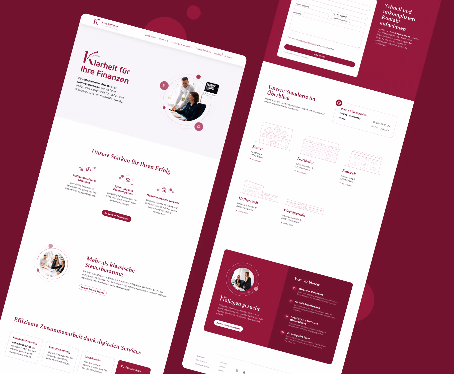 Website-Layout der KWK Steuerberatungs GmbH mit Informationen zu Leistungen, Standorten und Kontaktformular.