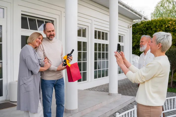 Cette image montre un couple plus jeune et un autre plus âgé devant une maison, avec une attitude festive
