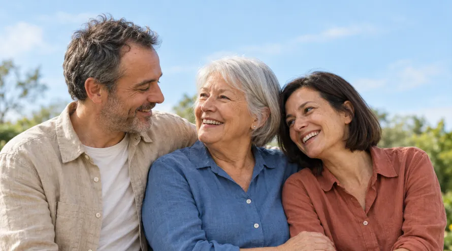Cette image montre une femme âgée souriante, entourée d'un couple de personnes plus jeunes, et souriantes également