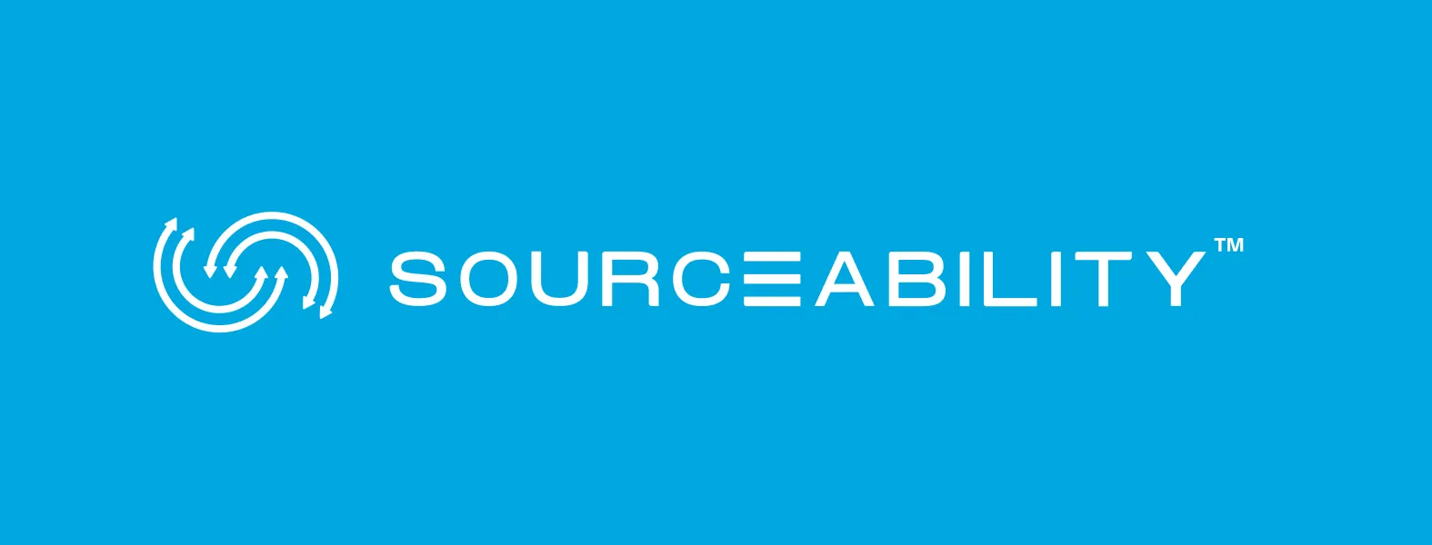 Sourceability company logo with circular arrow design on blue background.