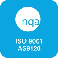 NQA certification mark with ISO 9001 and AS9120 standards text on a blue background.
