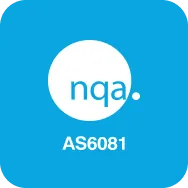 White circle with lowercase blue letters 'nqa.' above bold text 'AS6081' on a blue rounded square background.