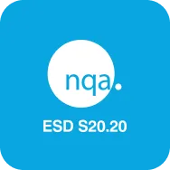 Blue square with white circle showing 'nqa.' and text 'ESD S20.20' below.