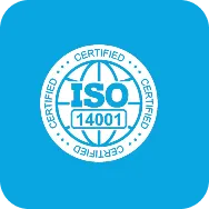 ISO 14001 certified logo with a globe and text inside a blue rounded square background.