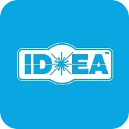 ID^EA logo with a blue background and white text featuring a starburst design.