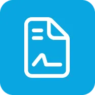 White document icon with text lines and chart on blue rounded square background.