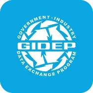 Blue square with a white circular logo of GIDEP, Government-Industry Data Exchange Program.