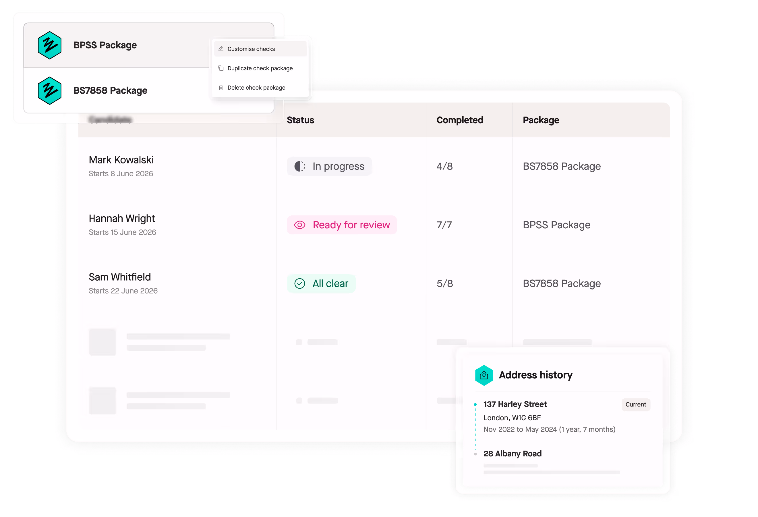 Zinc dashboard showing candidate background check statuses and address history.