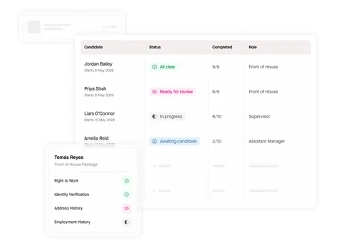 Zinc dashboard showing hospitality candidate checks by role.