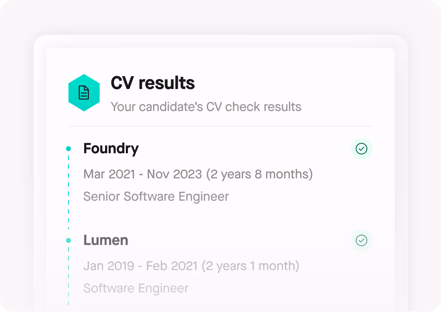 Zinc dashboard showing verified CV results and employment history timeline