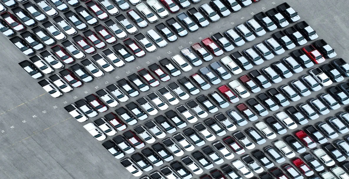 An aerial image of trucks parked in a lot