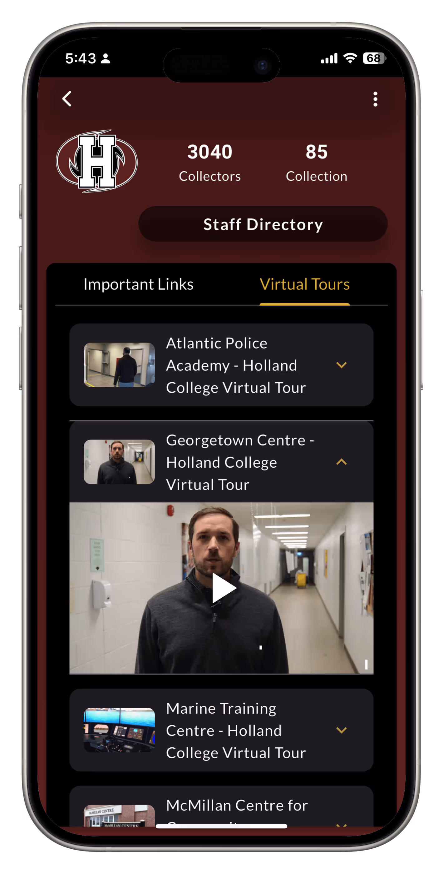 Smartphone screen showing a staff directory app with virtual tour options for Holland College locations including Atlantic Police Academy, Georgetown Centre, and Marine Training Centre.