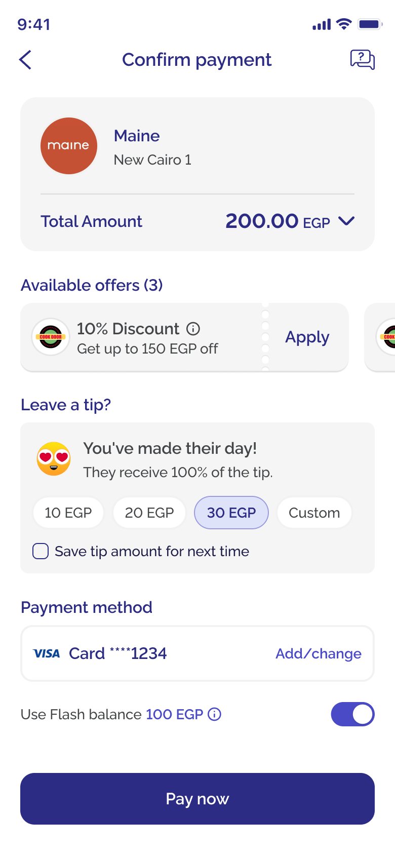 Confirm payment screen